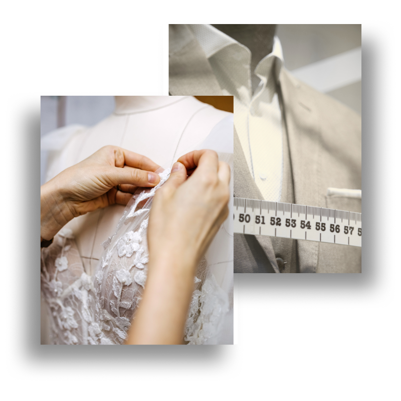 Tailor in Canary Wharf measuring a jacket and pinning a gown